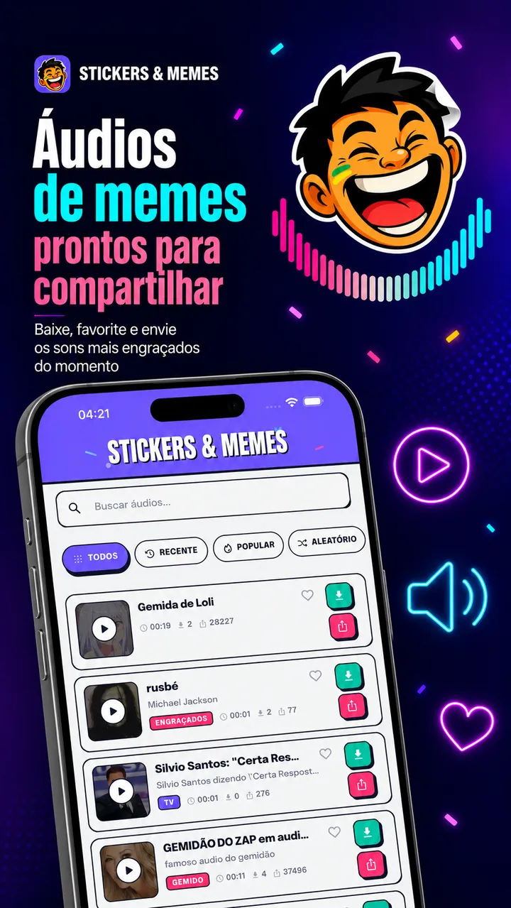 Aba de áudios com a lista de memes